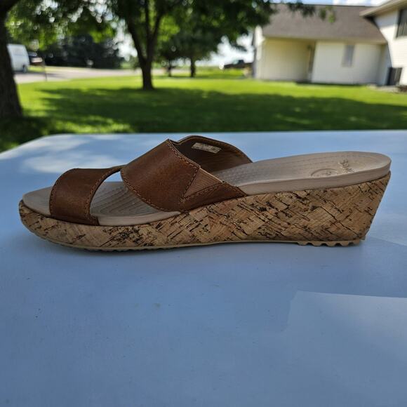 Crocs A-Leigh Brown Leather Cork Wedge Slide Platform Sandals Women’s 9 # 16205 - Picture 3 of 12